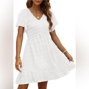 Tecrew Smock Neck Midi Dress with PomPom Design & Chiffon Sheer Sleeves Size L